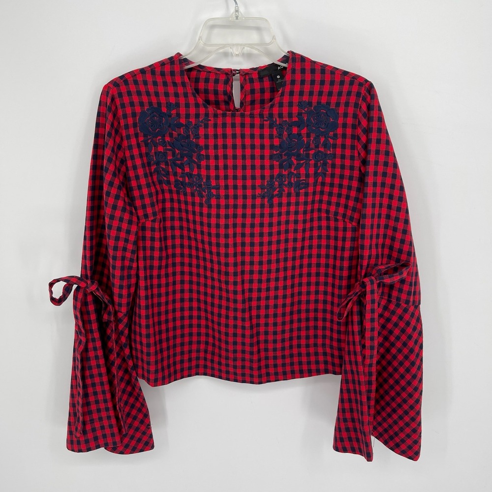 AQUA Women's Red Gingham Floral Embroidered Tie Sleeve Blouse Size M